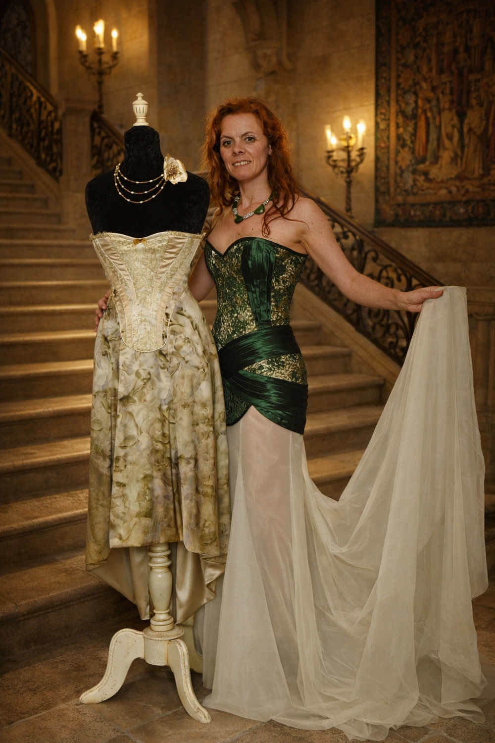 Marjorie G., créatrice et corsetière d’art, portant une robe corsetée réalisée à l’atelier, aux côtés d’une pièce de concours en corseterie sur mesure en Vendée.